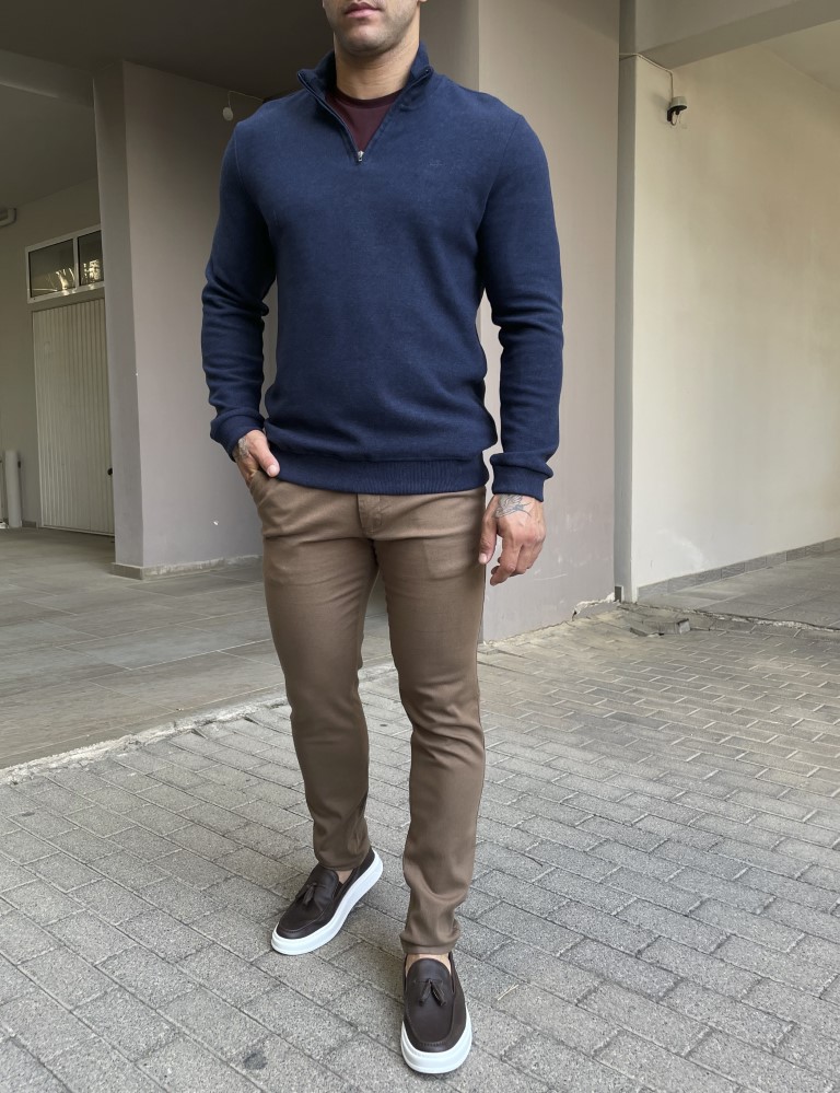 Ανδρικό μπλε πουλόβερ μονόχρωμο με γιακά 4263N φωτογραφία